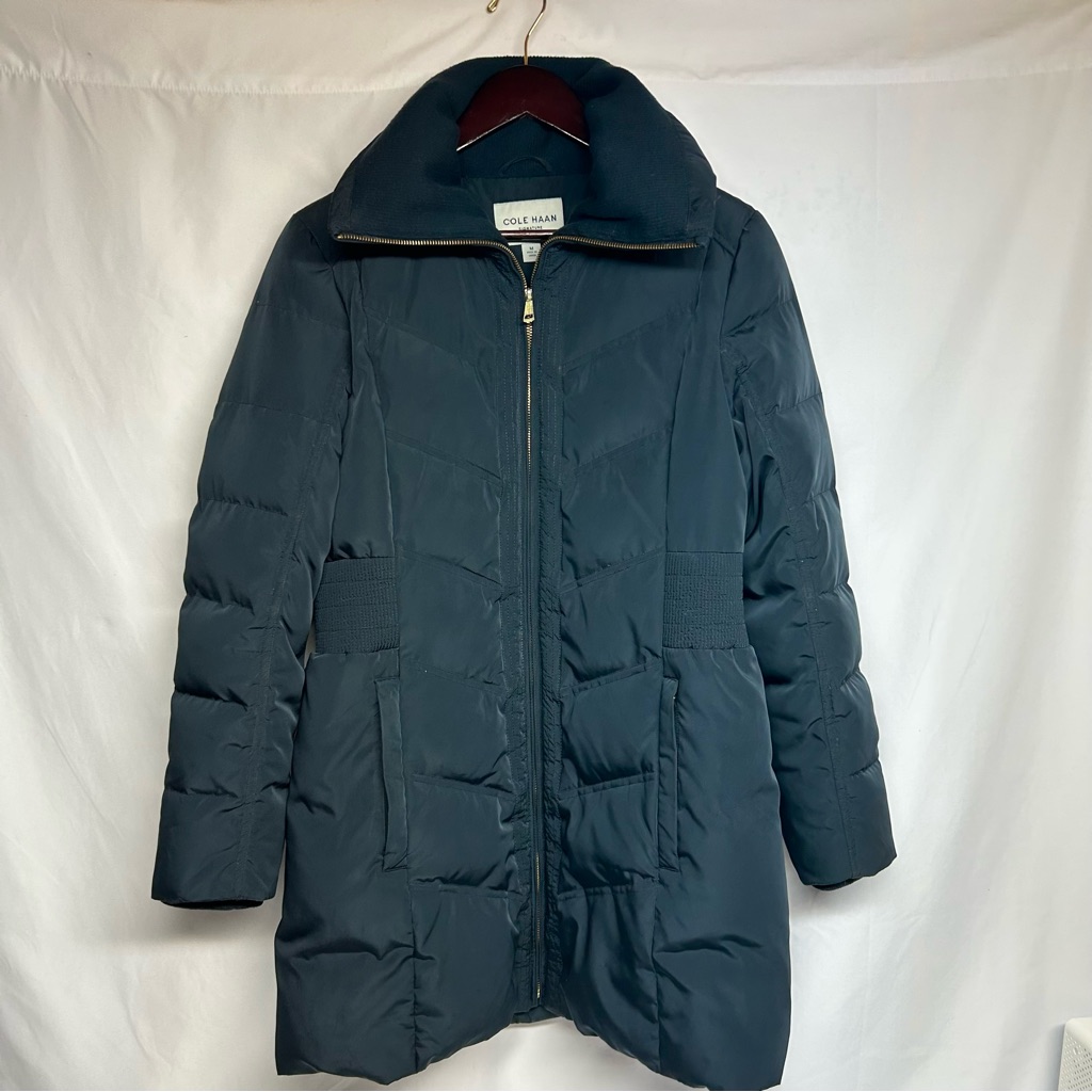 Cole Haan Signature Knee Length Puffer Coat Down/Feathers Navy Blue Women Sz M